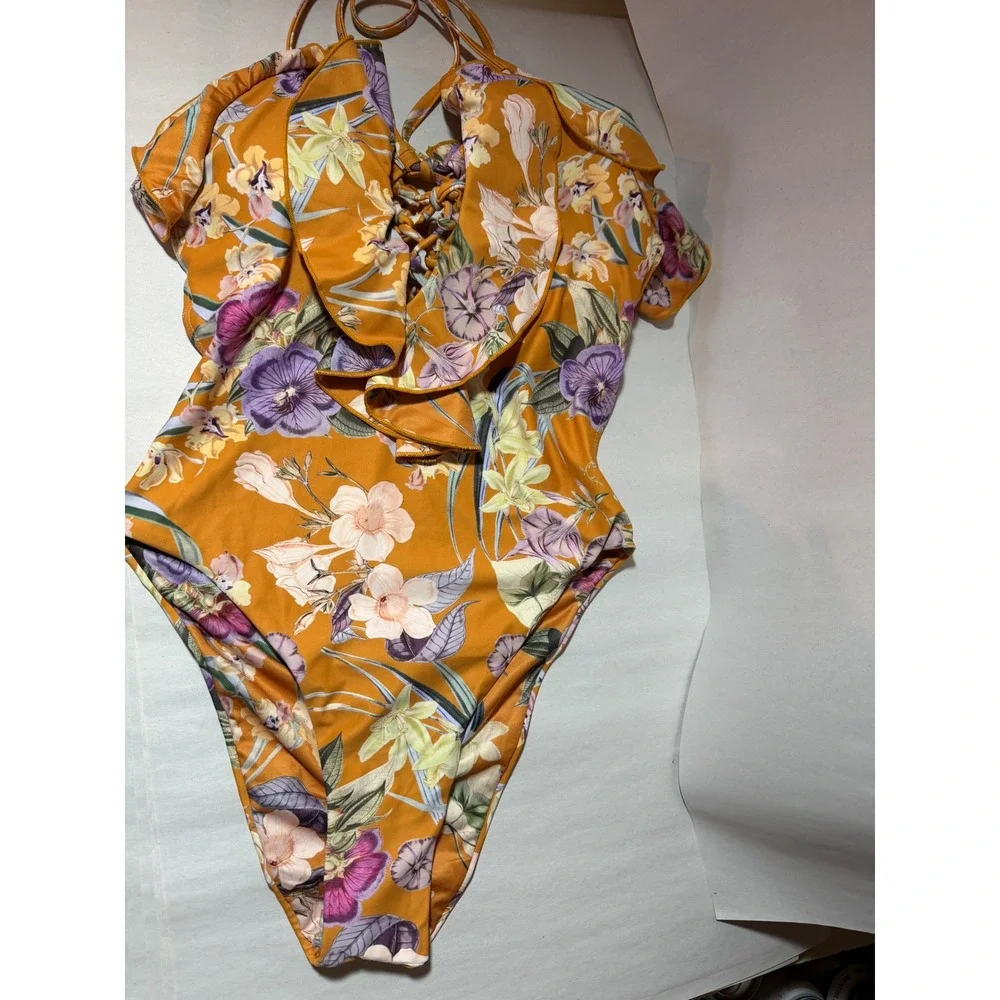 P2F Movement Power to‎ the Flower Floral Ruffle One Piece Swimsuit Mustard Small